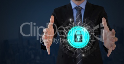 Businessman with hands palm open and security lock icon