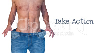 Take action text and fit man with oversized jeans