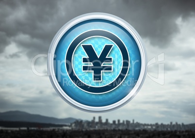 Yen icon over city landscape