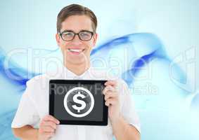 Dollar glass circle and man holding tablet