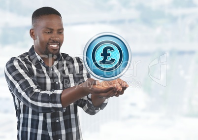 Pound icon and Businessman with hands palm open in city