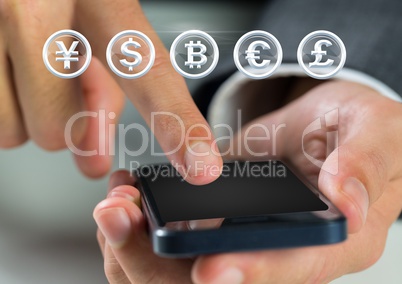 Currency icons and hand touching phone