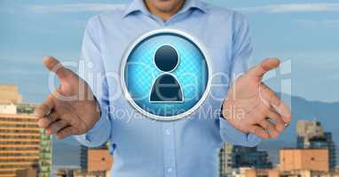 Profile contact icon and Businessman with hands palm open in city
