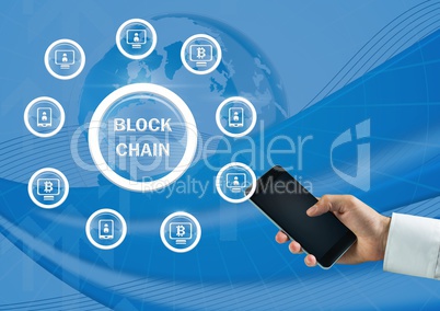 Block chain icon graph and hand holding phone