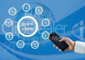 Block chain icon graph and hand holding phone