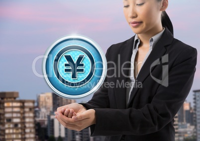 Yen icon and Businesswoman with hands palm open in city office