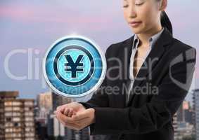 Yen icon and Businesswoman with hands palm open in city office