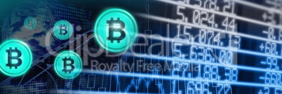 Bitcoin icons and economic finance market charts
