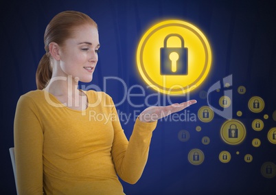 Businesswoman with hands palm open and security lock icons