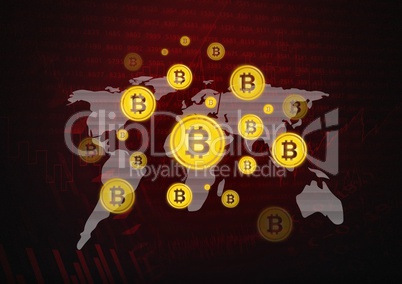 Bitcoin icons on world map with red background