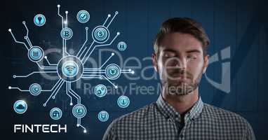 Businessman thinking Fintech with various business icons interface
