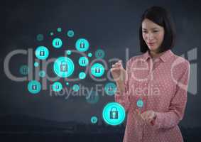 Businesswoman with hands palm open and security lock icons