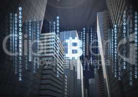 Bitcoin icon and binary code lines in sky in 3D city buildings