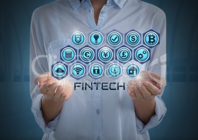 Businesswoman with hands palm open and Fintech with various business icons