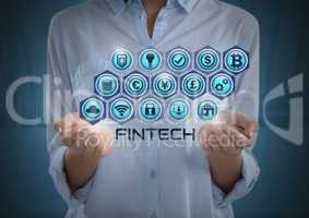 Businesswoman with hands palm open and Fintech with various business icons