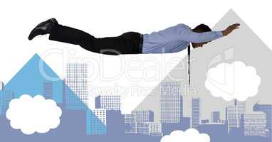 Flying businessman with minimal shapes in city