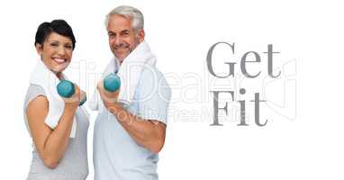 Get fit text and couple lifting weights
