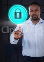 Businessman pointing touching security lock icon