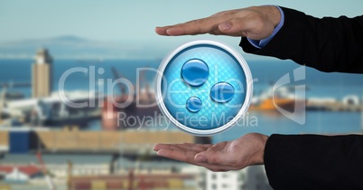 Water bubbles icon and Businessman with hands palm open in city port harbor