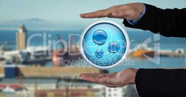 Water bubbles icon and Businessman with hands palm open in city port harbor