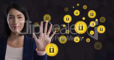 Businesswoman waving hand open security lock icons
