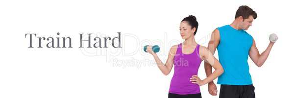 Train hard and fitness couple lifting weights