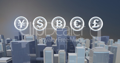 International Currency icons over 3D city buildings