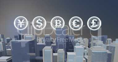 International Currency icons over 3D city buildings