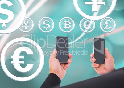 Businessman holding phone and currency glass circle icons