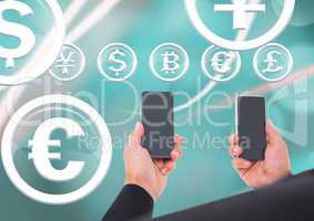 Businessman holding phone and currency glass circle icons