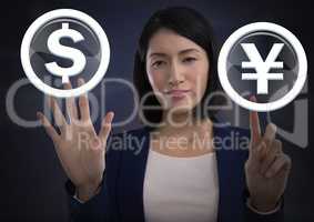 Businesswoman touching dollar and yen icon graphic