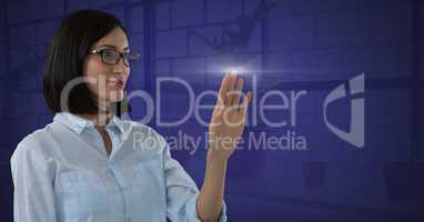 Businesswoman reaching touching air light glow