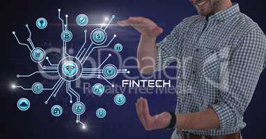 Businessman with hands palm open and Fintech with various business icons interface