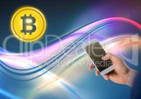 Bitcoin icon and phone in hands