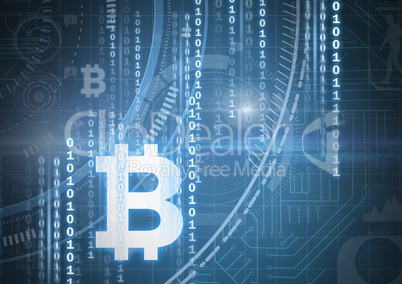 Bitcoin icons and binary code graphic lines
