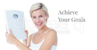 Achieve Your goals text and woman holding weighing scales
