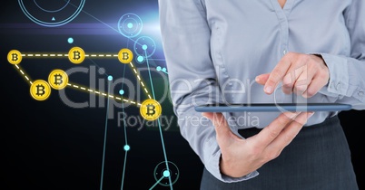 Bitcoin network icons and tablet in hands