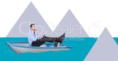 Businessman in boat with minimal shapes