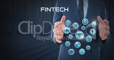 Businessman with hands palm open and Fintech with various business icons