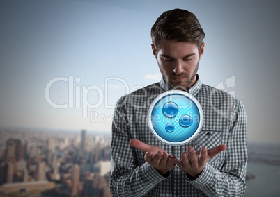 Water bubbles icon and Businessman with hands palm open in city