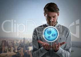 Water bubbles icon and Businessman with hands palm open in city
