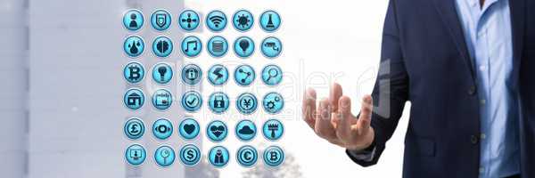Various app icons and Businessman with hand palm open in city