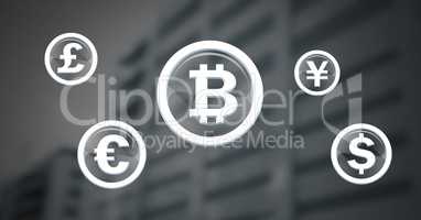international money currency icons in glass circles with bitcoin