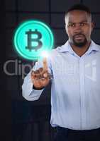 Businessman pointing touching bitcoin graphic icon
