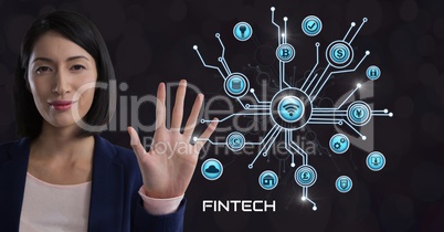 Businesswoman touching Fintech with various business icons interface Businesswoman touching Fintech with various business icons interface