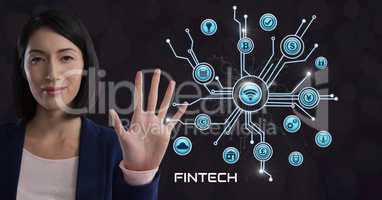 Businesswoman touching Fintech with various business icons interface