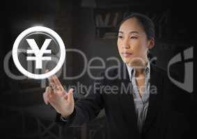 Businesswoman touching yen icon graphic