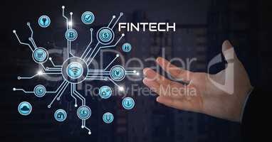 Businessman with hands palm open and Fintech with various business icons interface