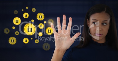 Businesswoman opening hand to security lock icons