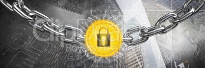 Chain holding security lock graphic icon in city transition